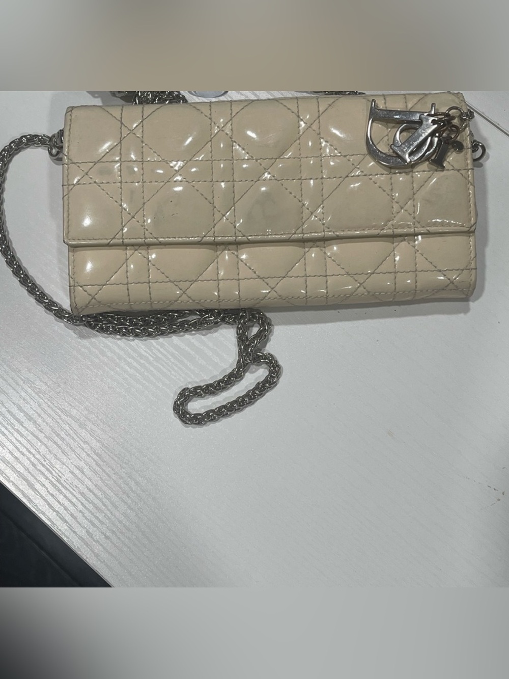 Christian Dior Patent Cannage Lady Dior Rendezvous Wallet On Chain in Beige